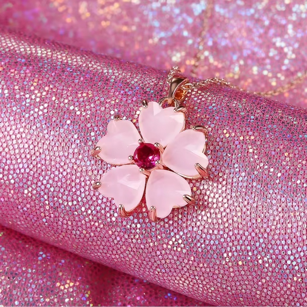 18K Gold Japanese Cherry Blossom Sakura Gemstone Pendant Necklace Bohemian